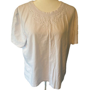 White Embroidered Beaded Rhinestone Neckline Top XL Cotton Coastal Grandma